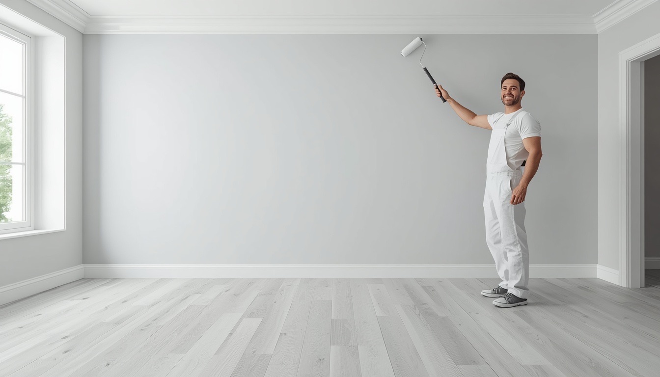 Painter rolling a wall in a bright, empty living room